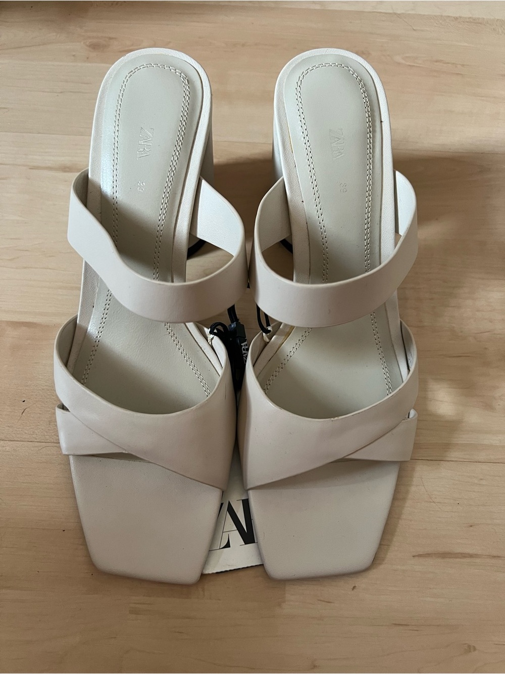 Zara Women's Cream Strappy Square-Toe Heeled Sandals.